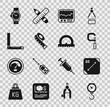 © Kostiantyn - Set Hand scale spring mechanical, Diagonal measuring, Micrometer, Measuring instrument, tape, Corner ruler, Wrist watch and Protractor icon. Vector
