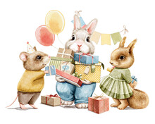 Watercolor Vintage Composition With Mouse, Squirrel And Rabbit Animals In Clothes With Toys And Birthday Presents Isolated On White Background. Hand Drawn Illustration Sketch