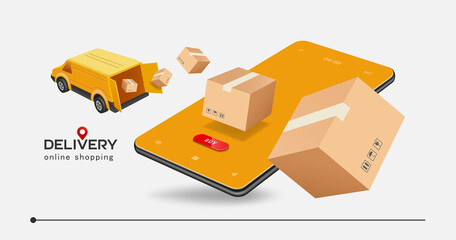 Delivery van opened the rear door floating in the air,and parcel boxes and smartphones flew out of the inside ,vector 3d isolated on white background for delivery and online shopping concept design