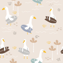 Seamless Pattern With Funny Goose Surfer. Summer Print. Vector Hand Drawn Illustration.
