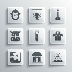 Sticker - Set African hut, Chichen Itza in Mayan, Shirt, Flashlight, safari map, Rhinoceros, Monkey and Arrow icon. Vector