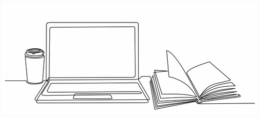 Wall Mural - One continuous line drawing of computer laptop, book and a cup of coffee. Study space desk concept. Single line draw design vector illustration