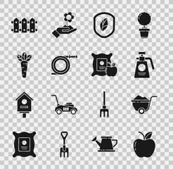 Sticker - Set Apple, Wheelbarrow with dirt, Garden sprayer for fertilizer, Shield leaf, hose fire hose, Carrot, fence wooden and in the sack icon. Vector