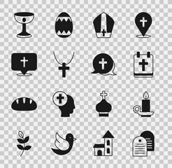 Sticker - Set Holy bible book, Burning candle in candlestick, Calendar with Easter, Pope hat, Christian cross on chain, Location church building, chalice and icon. Vector