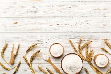 Flat lay of Wheat flour in wooden bowl with wheat spikelets on colored background. world wheat crisis