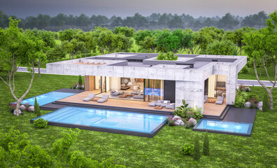 3d rendering of new concrete house in modern style with pool and parking for sale or rent and beautiful landscaping on background. Only one floor. Clear summer evening with cozy light from window