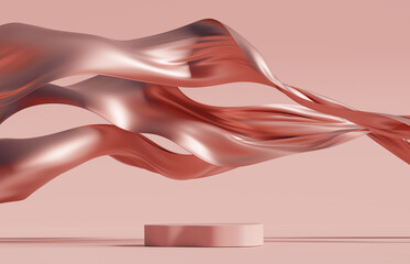 3d display podium, pink background with pedestal and flying silk cloth curtain.nature wind. beauty, 
