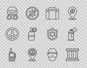 Wall Mural - Set line Walkie talkie, Prison window, Police assault shield, Location peace, Gas mask, Hand grenade, Special forces soldier and Paint spray can icon. Vector