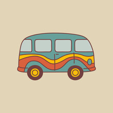 Groovy Hippie Bus With Rainbow In Doodle Style. Isolated Vector Illustrstion In 1970 Style For T-shirt, Stickers, Posters And Postcards.