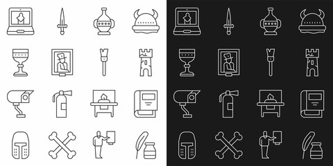 Sticker - Set line Feather and inkwell, History book, Castle tower, Ancient amphorae, Portrait museum, Medieval goblet, Online and Paint brush icon. Vector