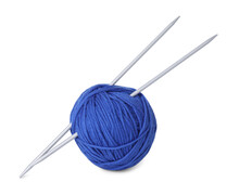 Soft Blue Woolen Yarn And Knitting Needles On White Background