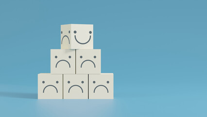 Wall Mural - Cube stacking with positive and negative emotion, Smile face icon on blue background, World mental health day, Feedback rating, Positive customer review, 3d rendering concept