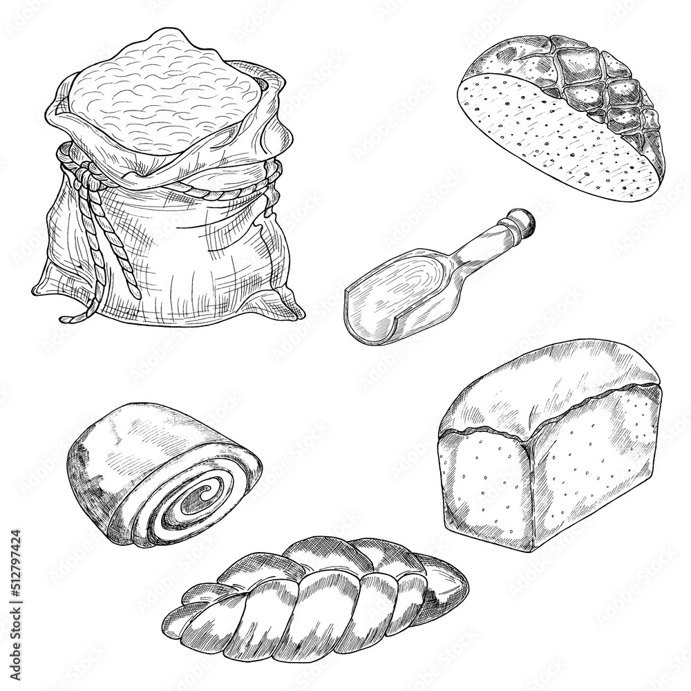 Bread and bakery products vector icon sketch baked bread, rye and wheat ...