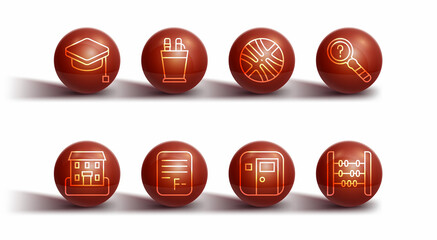 Sticker - Set line Graduation cap, School building, Unknown search, classroom, Exam paper with incorrect answers, Pencil case stationery, Abacus and Basketball ball icon. Vector