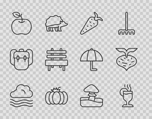 Set Line Windy Weather, Mulled Wine, Carrot, Pumpkin, Apple, Bench, Mushroom And Beet Icon. Vector