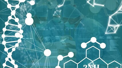 Sticker - Animation of dna strand and chemical formula over diverse surgeons