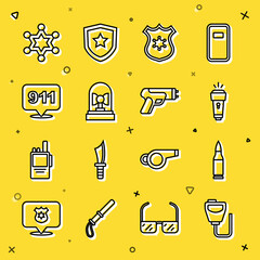 Sticker - Set line Walkie talkie, Bullet, Flashlight, Police badge, Flasher siren, Telephone call 911, Hexagram sheriff and electric shocker icon. Vector