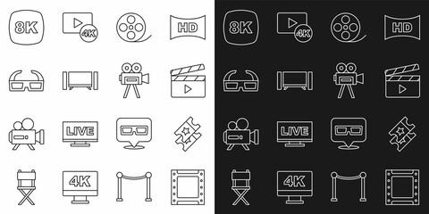 Wall Mural - Set line Play video, Cinema ticket, Movie clapper, Film reel, Smart Tv, 3D cinema glasses, 8k Ultra HD and Retro camera icon. Vector