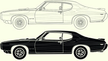 1996 GTO Classic Car,Vector Classic Car Illustration Coloring Book Page For Adult Drawing. Paper, Outlines Vehicle. Graphic Element. Wheel. Black Contour Sketch.