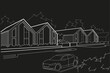 Linear architectural sketch town street with blocked houses on black background