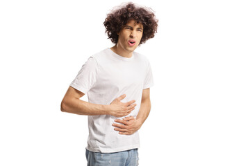 Sticker - Casual young man experiencing abdominal pain and holding his belly