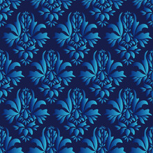Royal Blue Damask Pattern Seamless Vector Background. Vintage Wallpaper For Interior Decoration With Editable Color Change You Fill