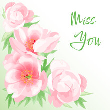 Pale Pink Blooming Peonies On A Light Green Gradient Background With The Words Miss You
