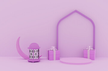 Purple Islamic product display podium with gift box, moon, lantern and arch with soft background greeting message 3d rendering image