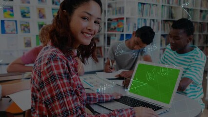 Sticker - Animation of mathematical data processing over female student with laptop with green screen