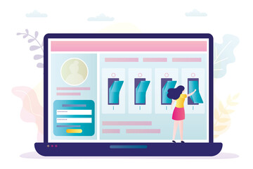 Wall Mural - woman configures operating system of laptop. user interface customization. female character customiz