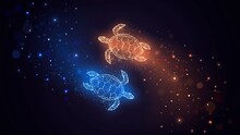 Blue And Orange Sea Turtles Made Of Glowing Sparks And Particles, Yin Yang Opposites Concept