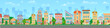 © Oksana - City street. Panoramic cityscape with bright houses, walking pedestrians. Shop and stores. Summer city. Vector illustration in cartoon style.