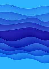 Wall Mural - Abstract background with water waves in paper cut style. 3d wallpaper with cut out deep wavy modern cover. Blue color layers with smooth shadow papercut art. Vector illustration, origami shapes