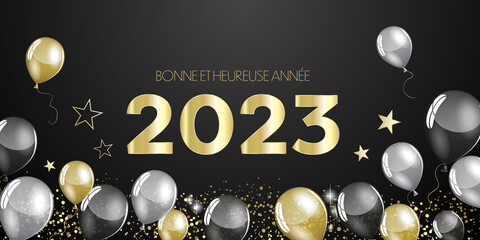 French Happy New Year 2023 - Black and gold  balloons design with stars and confetti greeting card banner