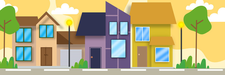 Suburban village flat design cityscape banner vector illustration