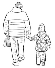 Wall Mural - Contour drawing of father with little child walking outdoors