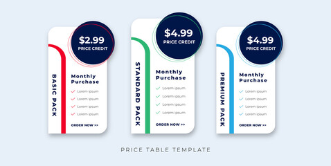 price table modern design price list subscription plans of Ui web element design. Price chat product plan or infographic design template Comparison plan chart colorful design presentation