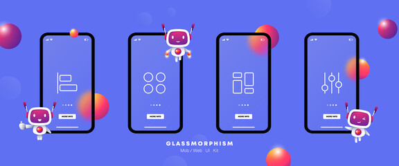 Button menu line icon. Arrows, tiles, align, shapes, list, sorting, charts, Navigation Icons for Mobile App and User Interface. Applications concept. Glassmorphism. UI phone app screen with robot