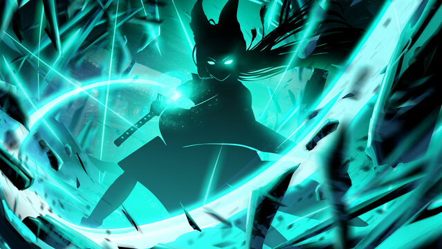 A little girl, half human, half fox, cuts everything into thousands of pieces with her magic katana, making a neon dissecting splash, her eyes glow in the dark among the ruins. 2d anime silhouette art