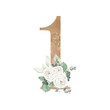 Gold floral number digit 1, botanic bouquet composition. Elegant design for wedding invitations, birthday cards, decoration. Hand painted illustration
