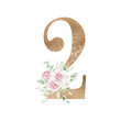 Gold floral number digit 2, botanic bouquet composition. Elegant design for wedding invitations, birthday cards, decoration. Hand painted illustration