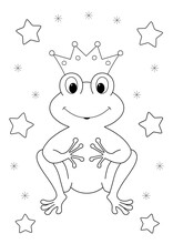 Coloring Page For Kids. Cute Cartoon Frog Prince With A Crown And Stars For Coloring. You Can Print It On A4 Paper Size
