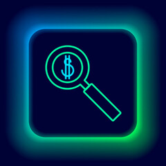 Wall Mural - Glowing neon line Magnifying glass and dollar symbol icon isolated on black background. Find money. Looking for money. Colorful outline concept. Vector