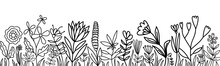 Hand Drawn Flowers And Leaves Banner. Cute Doodle Floral Summer Horizontal Wallpaper.