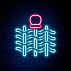 Sticker - Glowing neon line Wicker fence of thin rods with old clay jars icon isolated on brick wall background. Colorful outline concept. Vector