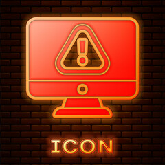 Poster - Glowing neon Computer monitor with exclamation mark icon isolated on brick wall background. Alert message smartphone notification. Vector Illustration