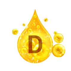 Wall Mural - Vitamin D. Images golden drop and balls with oxygen bubbles. Health concept. Isolated on white background