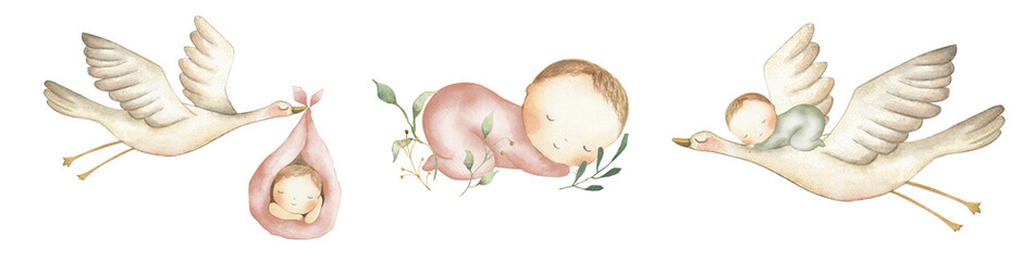 baby watercolor illustration stork newborn girl boy