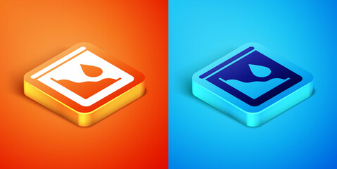 Sticker - Isometric Drop in crude oil price icon isolated on orange and blue background. Oil industry crisis concept. Vector