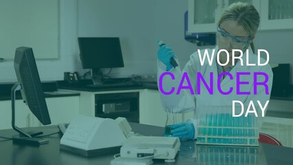 Poster - Animation of world cancer day over caucasian female lab worker with samples